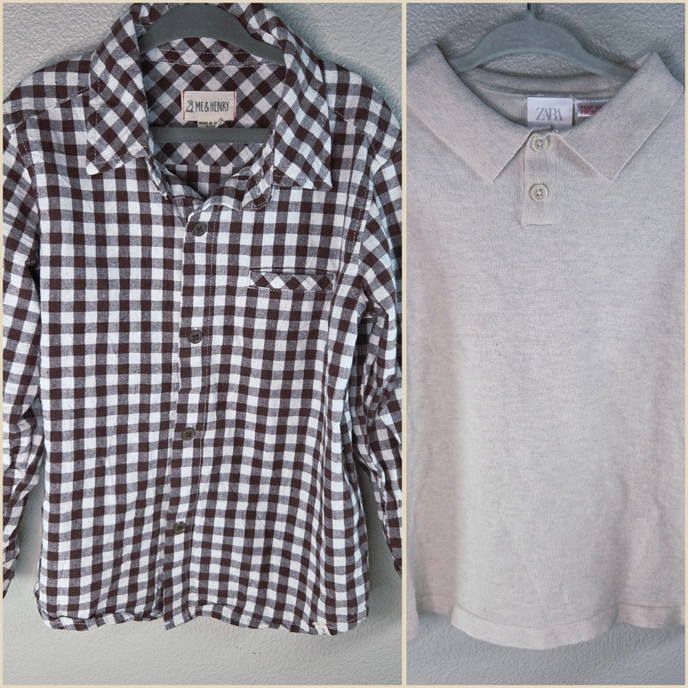 Me & Henry‎ Boys Button Down Shirt + Zara Knit Polo Size 6 7 Bundle Neutral...